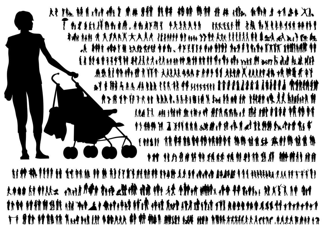 Black and white silhouettes of many people and one large person with a stroller.
