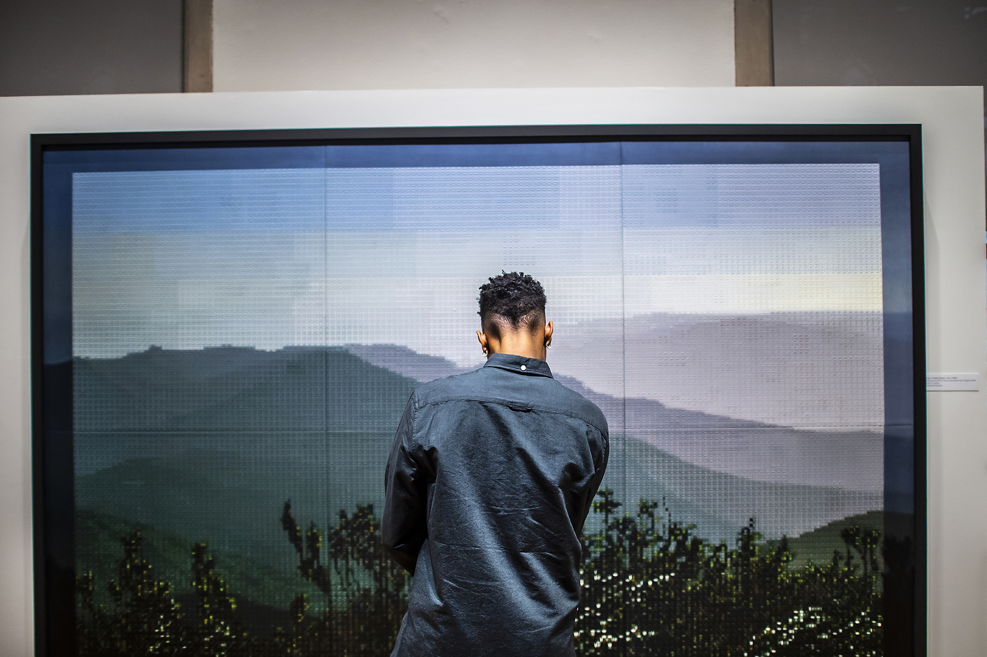 Person standing in front of landscape painting. 
