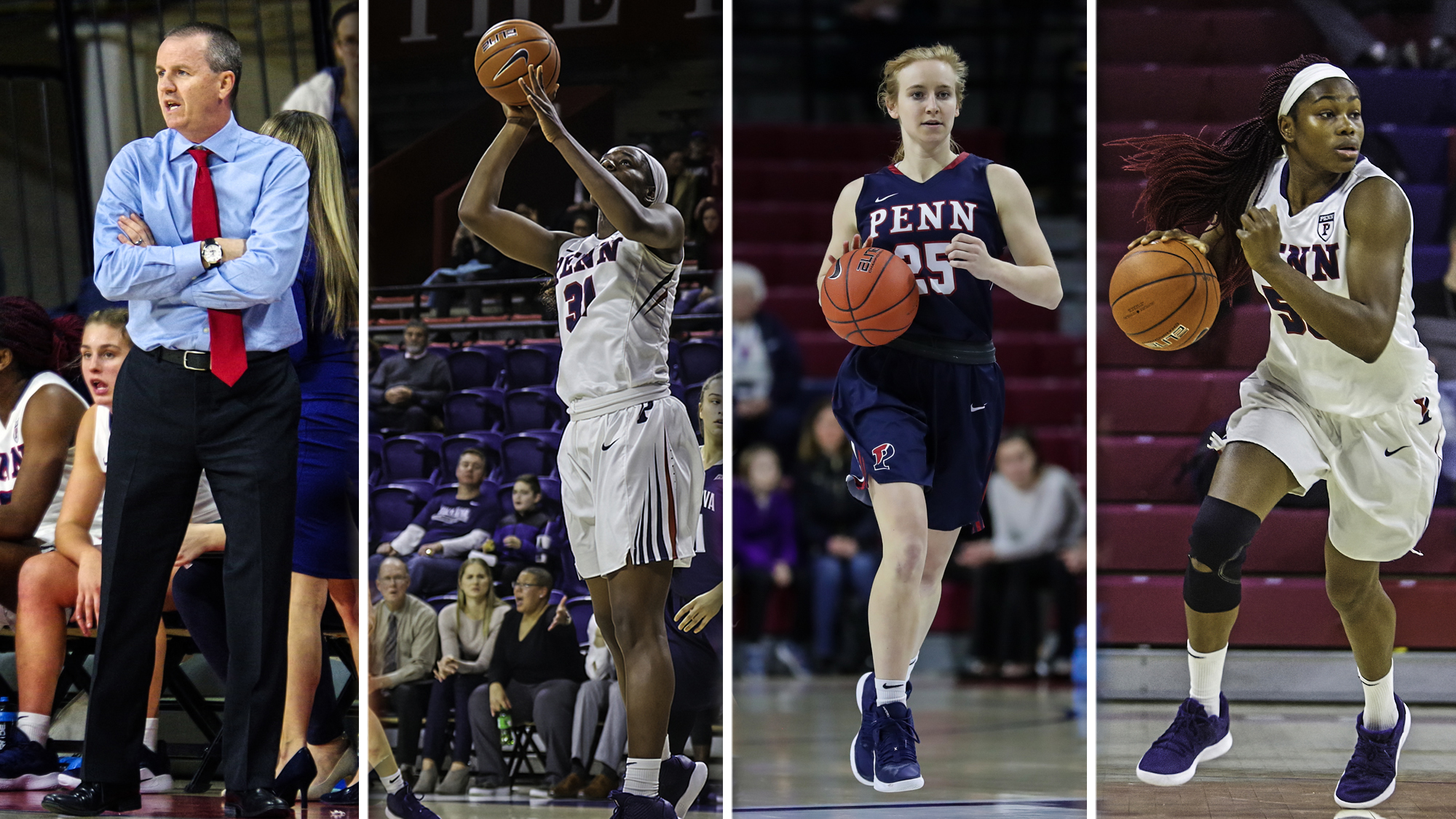 A composite of Coach McLaughlin, Eleah Parker, Ashley Russell, and Princess Aghayere. 