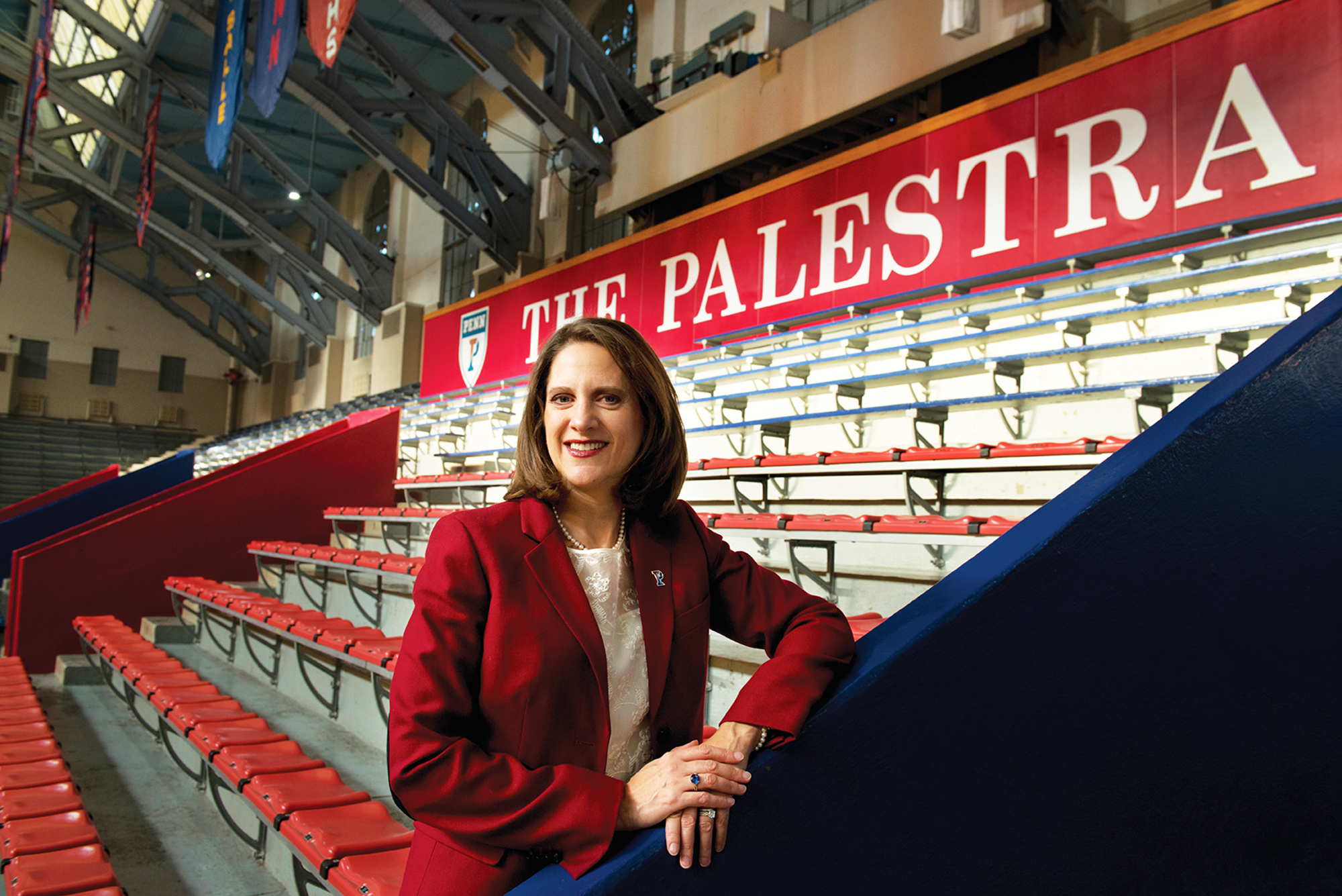 M. Grace Calhoun poses in the bleachers at the Palestra.