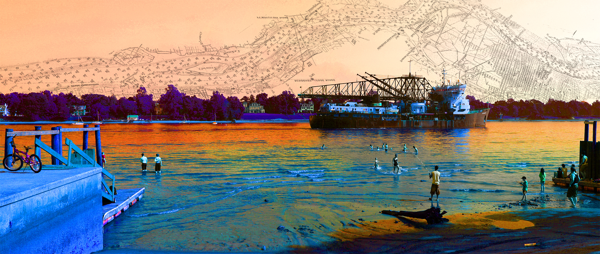 A colorful artist's rendering of a river with people fishing with a barge in the background and a drawing of an old map on the horizon