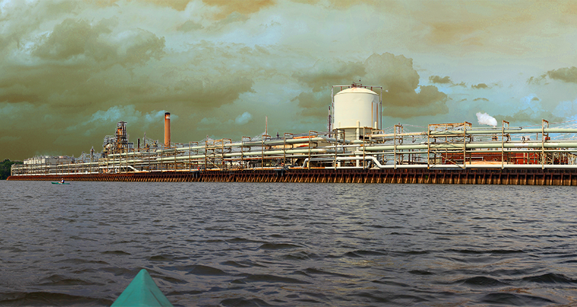 A view from a boat on a river depicts industrial development on the shores