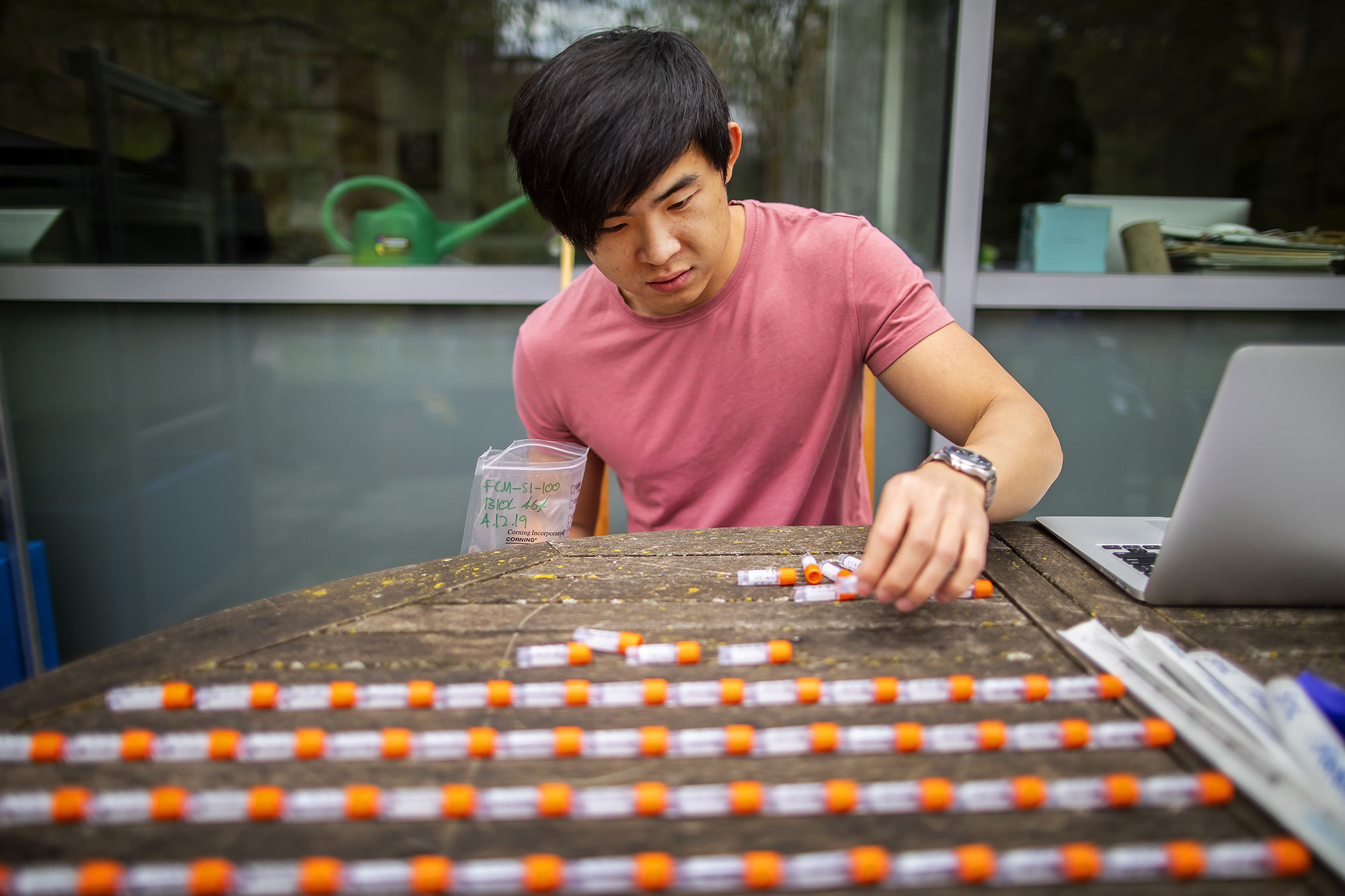 A seated student sets up a tidy arrangement of orange-capped test tubes