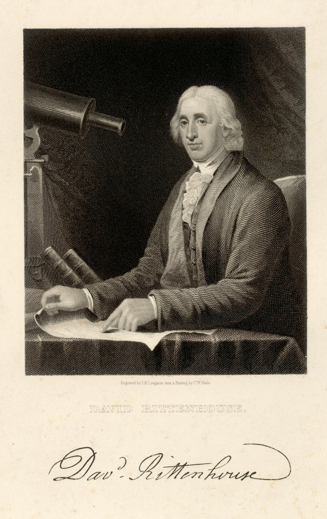 sketch of rittenhouse seated at a table with a telescope in the background