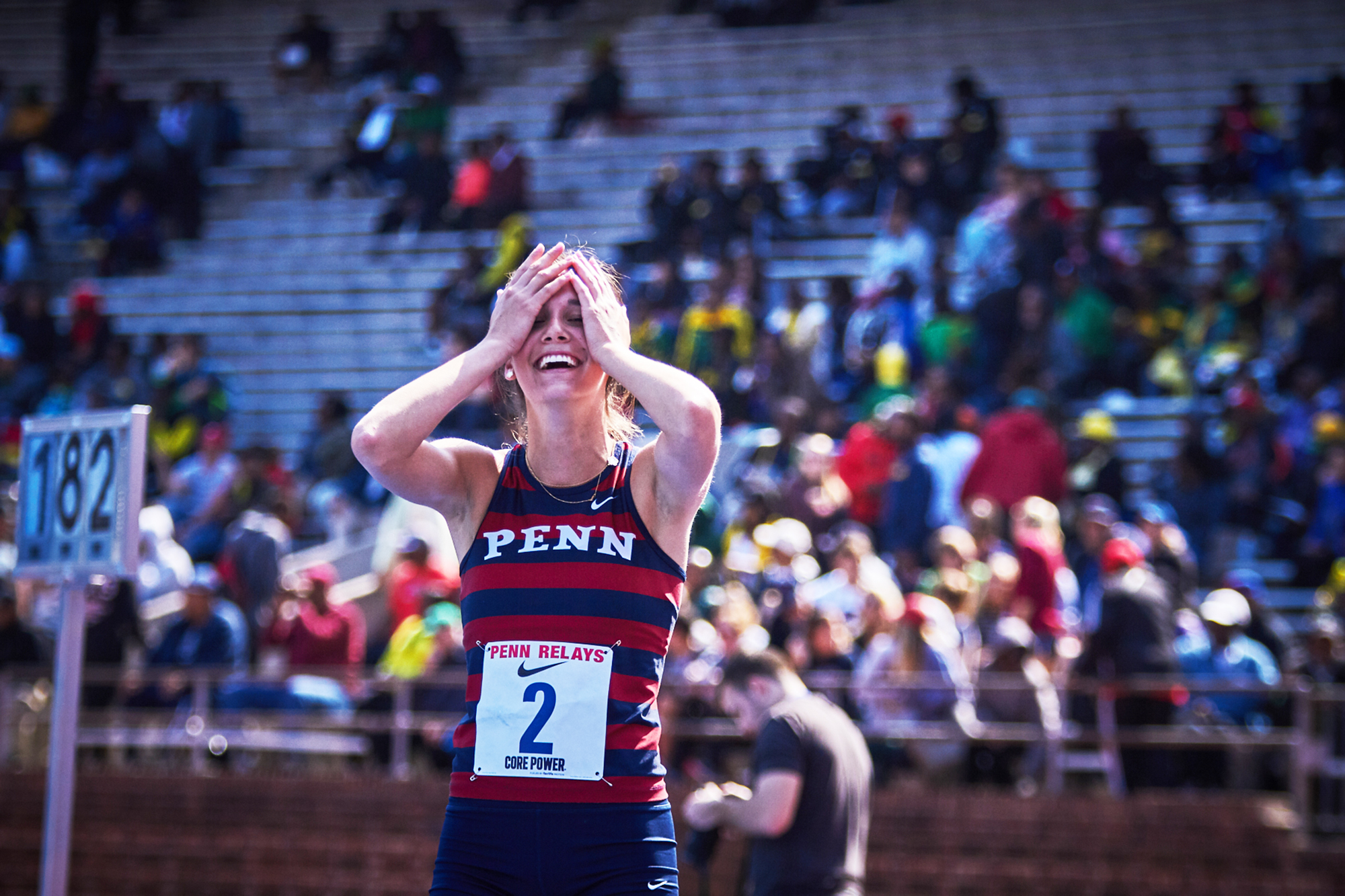 Anna Peyton Malizia looks pleased after competing in the high jump at the Penn Relays.