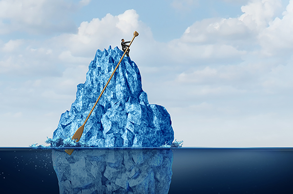 Illustration of business person on top of an iceberg in the water with an exaggeratedly long oar.