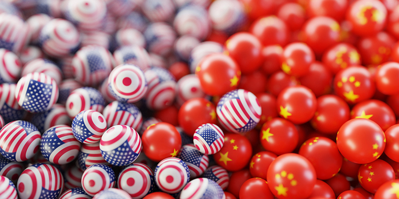 Pile of rubber balls decorated like US and Chinese flags