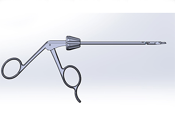 Rendering of a 3D printed medical device resembling scissor handles with a medical device extending from the shears.