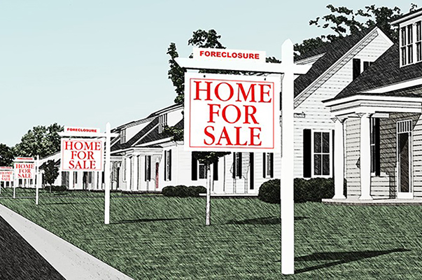 Row of homes with Foreclosure Home For Sale signs on each lawn.