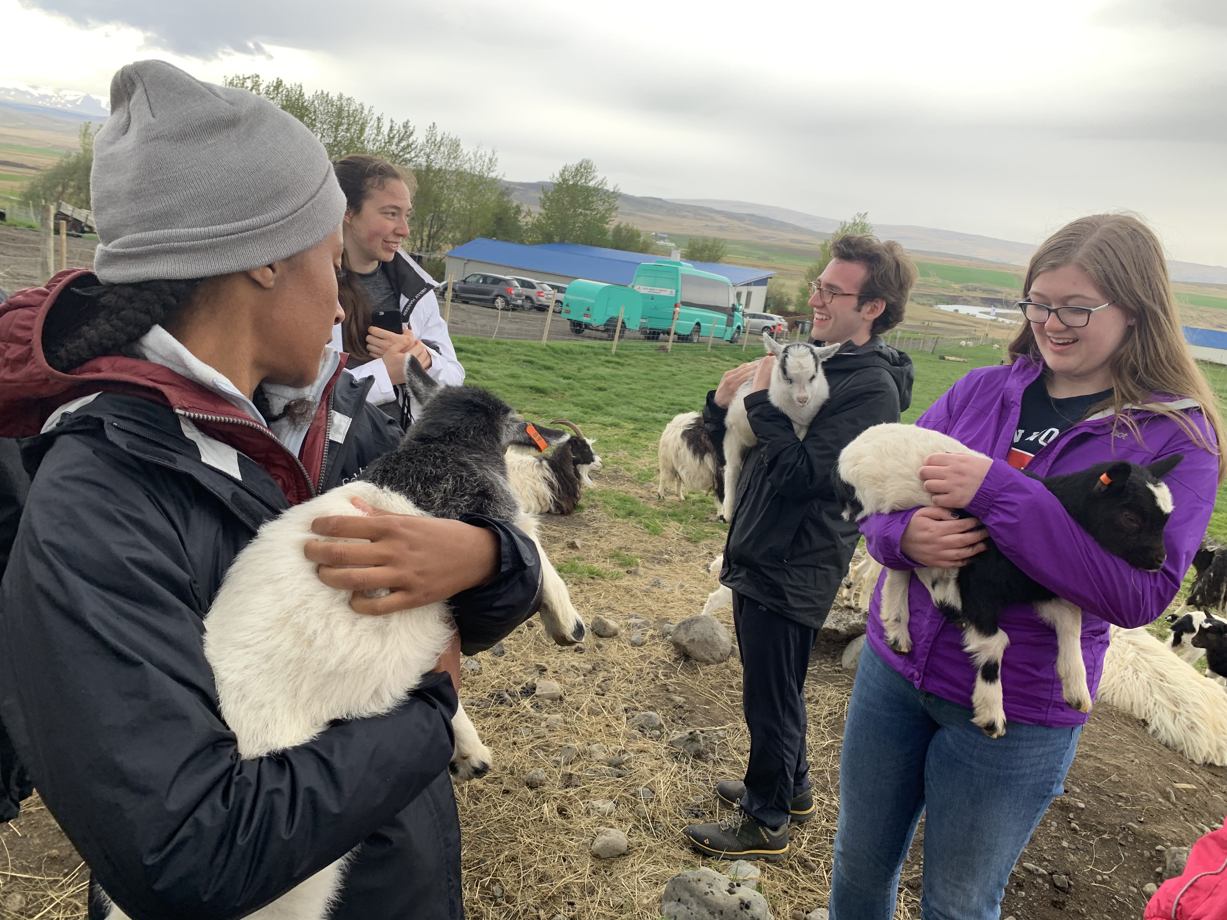 students in the iceland class, holding goats