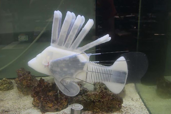 A robotic lionfish in an aquarium