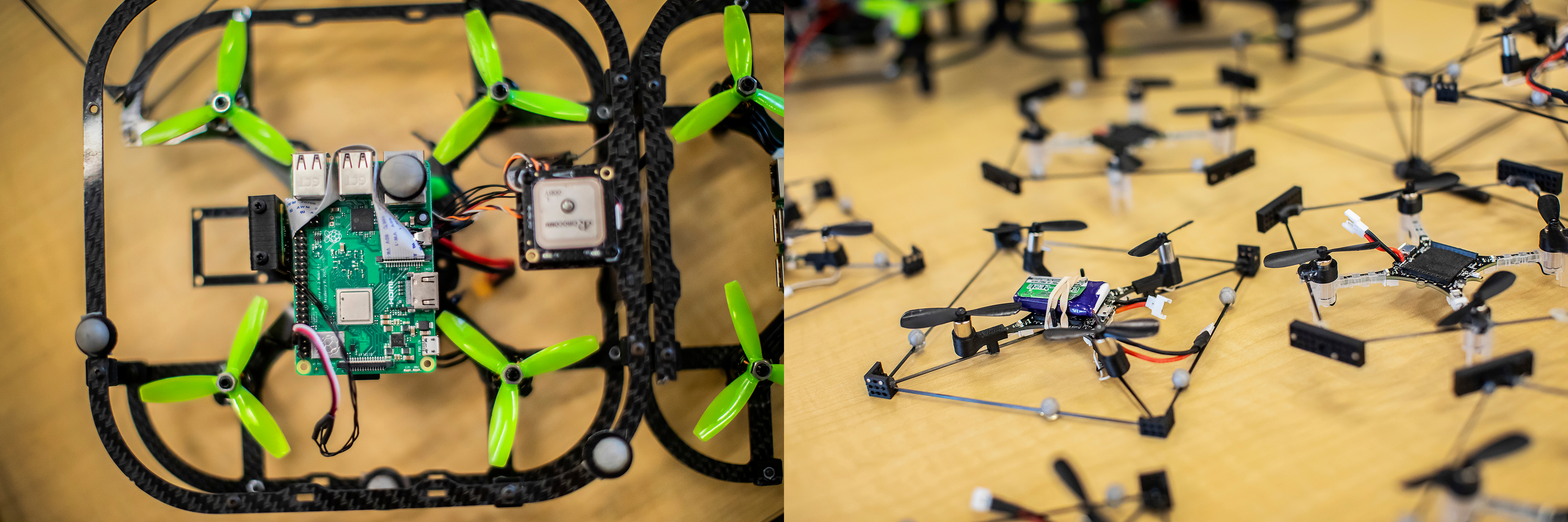 a table lined with modular robot prototypes, made of propellers and batteries held together by a square structure