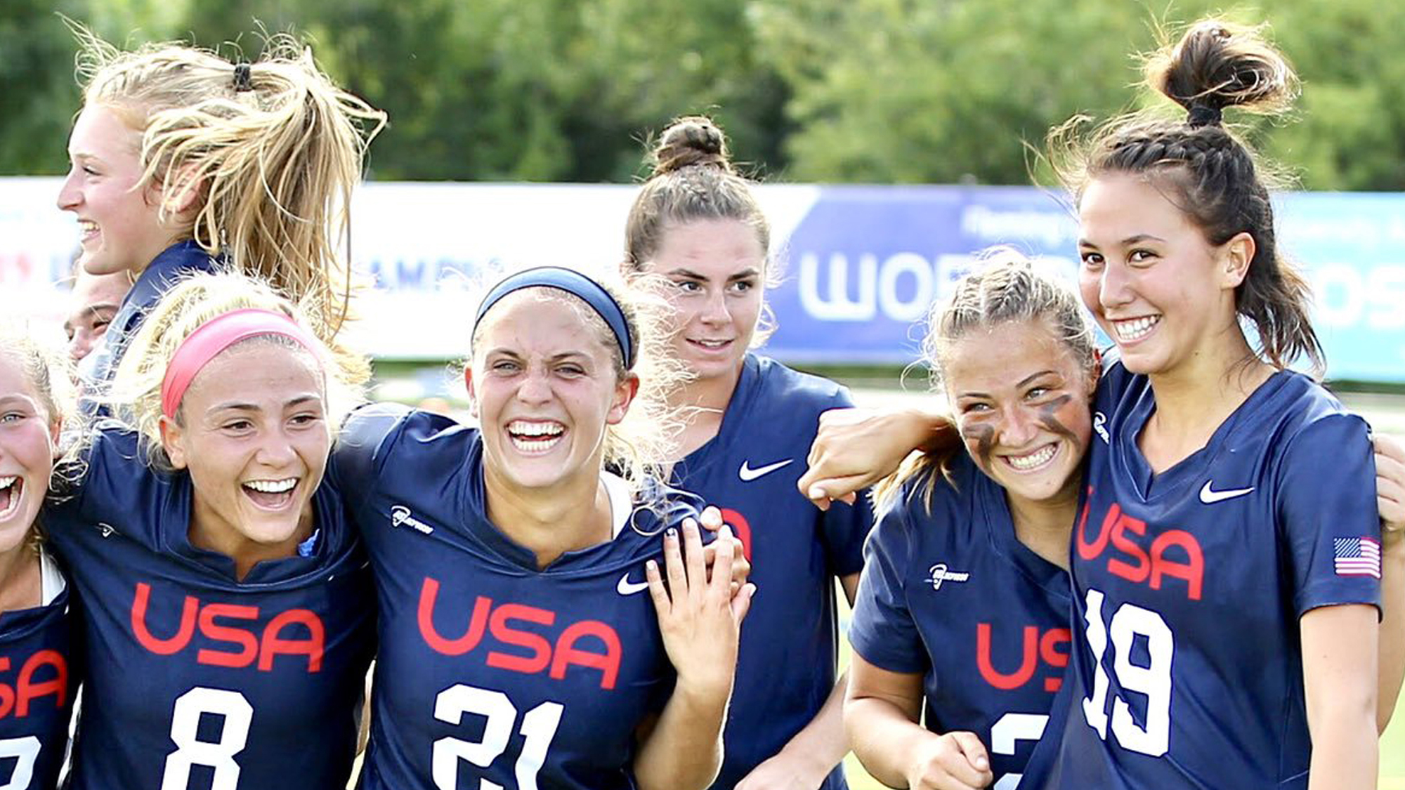 Michaela McMahon, far right, celebrates with members of the Team USA U19 squad.
