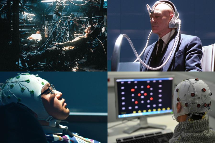 from top left to bottom right, scene from the film The Matrix with Neo and Morpheus plugged into machines while laying back in chairs; Professor X wearing Cerebro, a person wearing a cap covered in electrodes while watching a computer screen with dots, and a person wearing glasses leaning back in a chair wearing a cap with electrodes