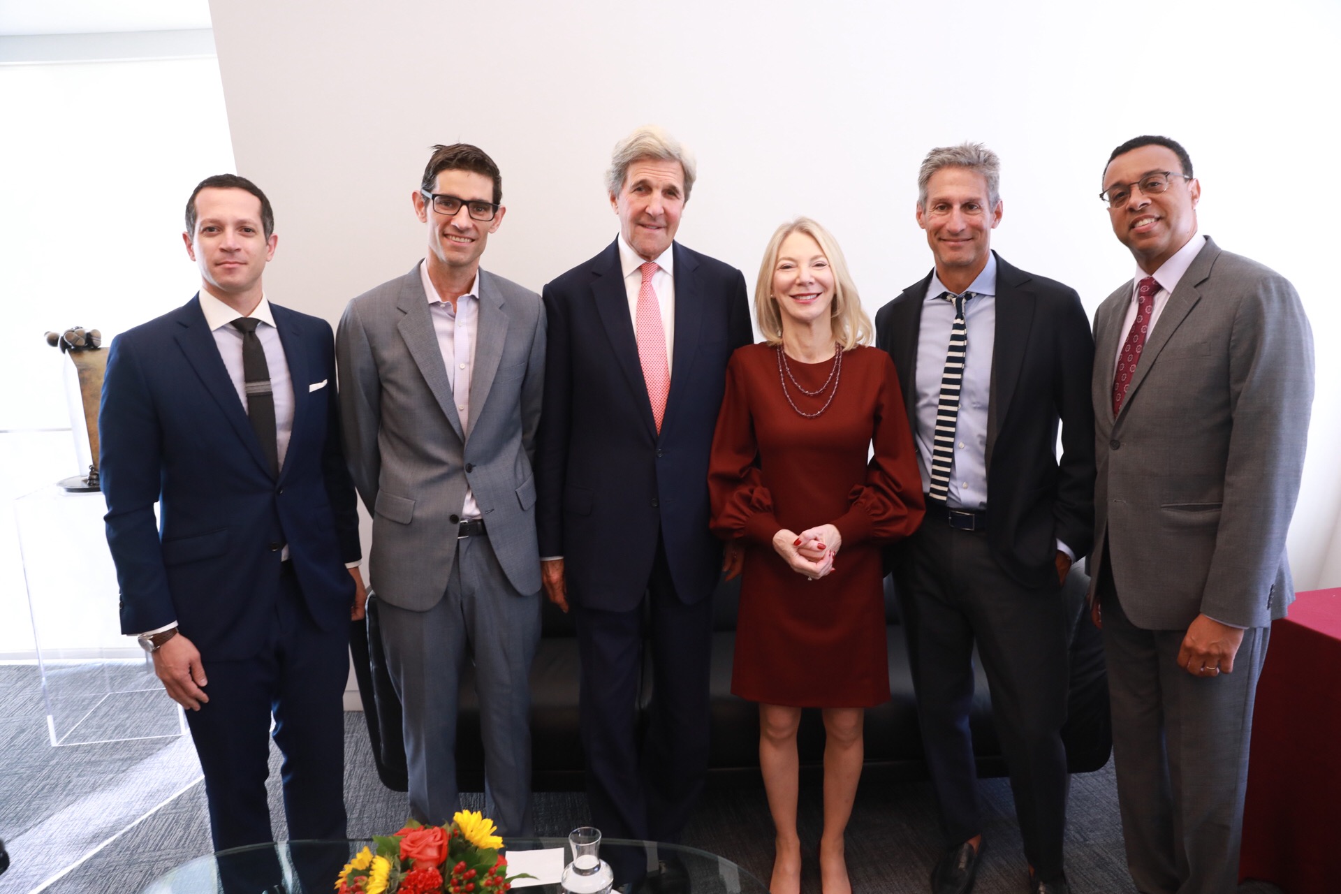 (From left) Associate director of Perry World House Michael Horowitz, Nicholas Thompson, John Kerry, Penn President Amy Gutmann, Penn Trustee Richard Perry, and Provost Wendell Pritchett.