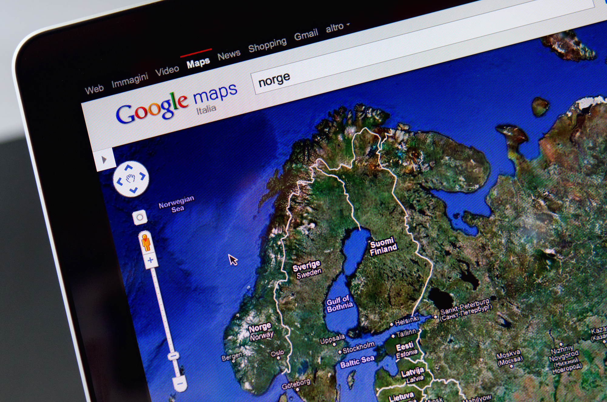 Screen with upper right view of Scandinavia on a Google map