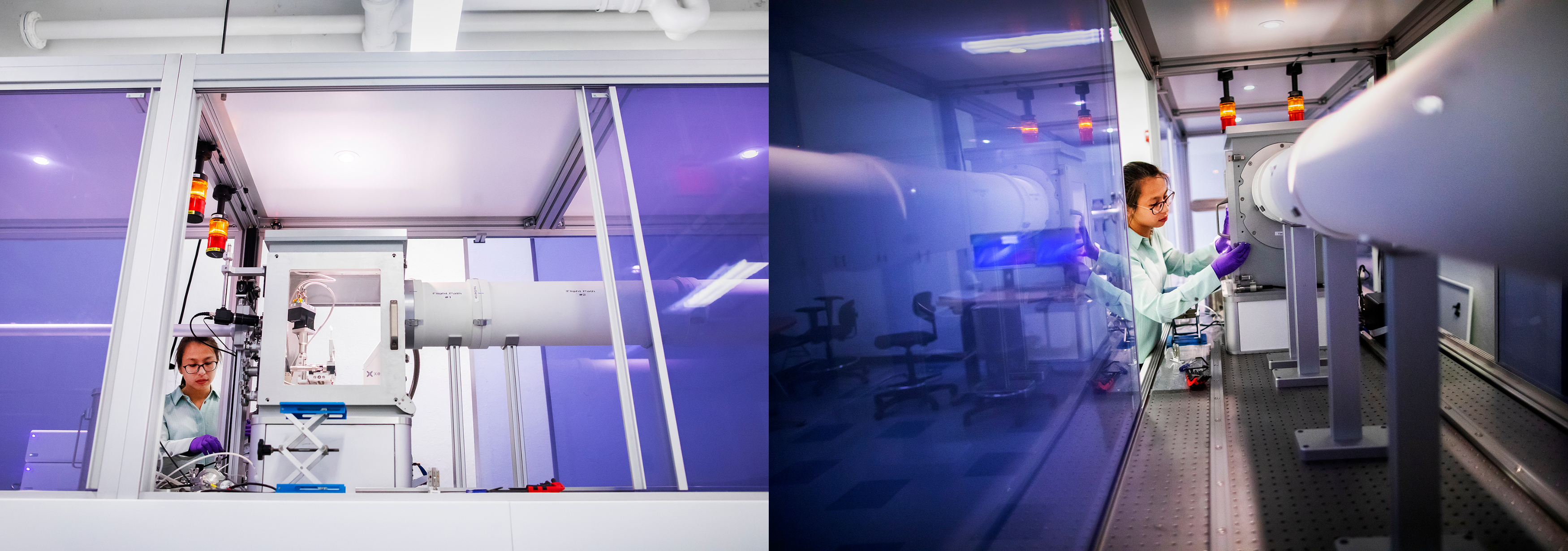 an x-ray scattering system made out of a long white tube connected to a sample box at one end. lee is shown in two separate images placing a sample inside of the box, partially obscured behind darkened panel glass