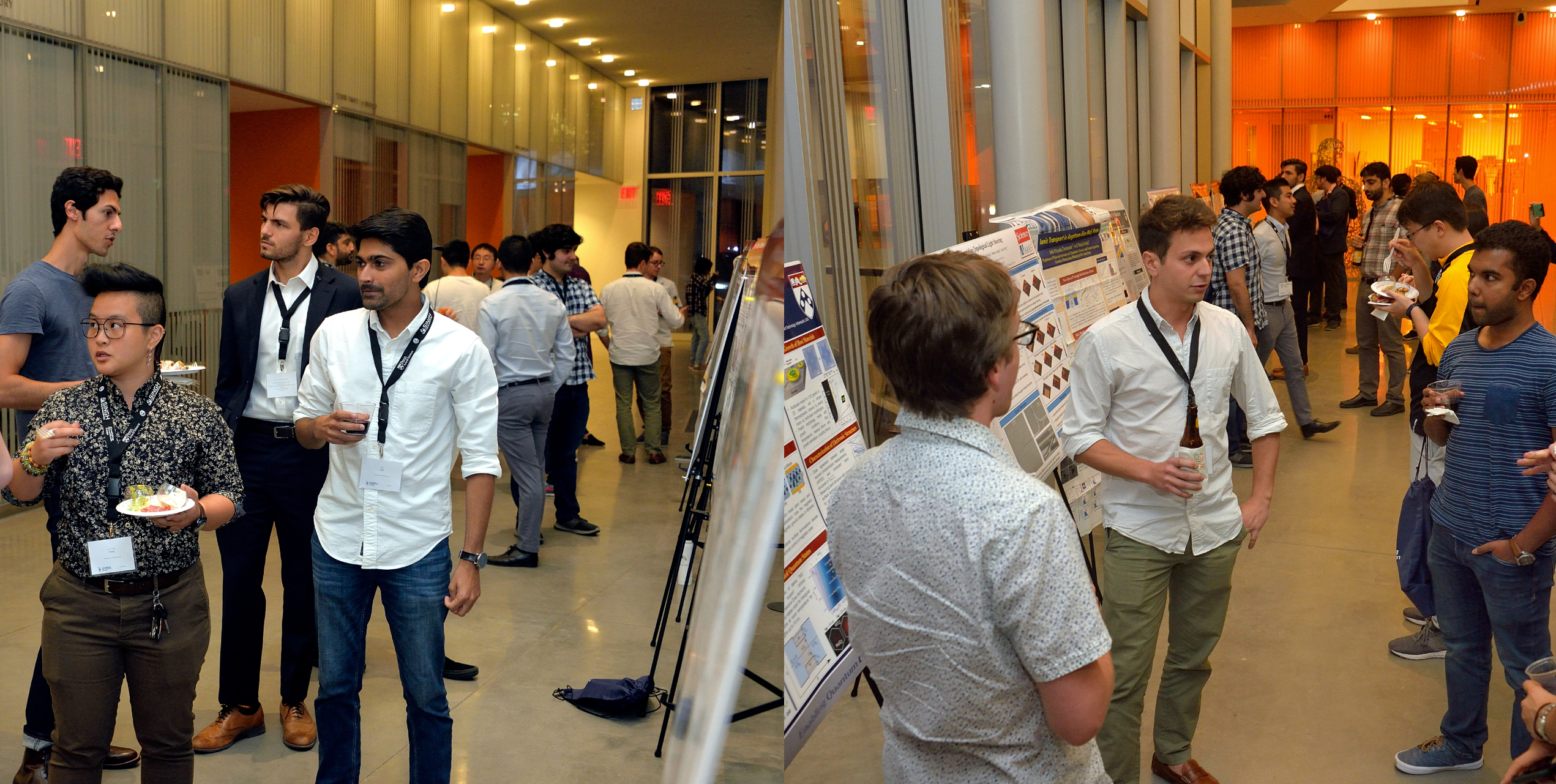 people standing in front of poster-boards in a hallway of a modern building