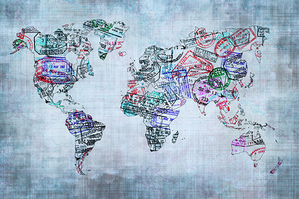 World map made up of visa stamp markings