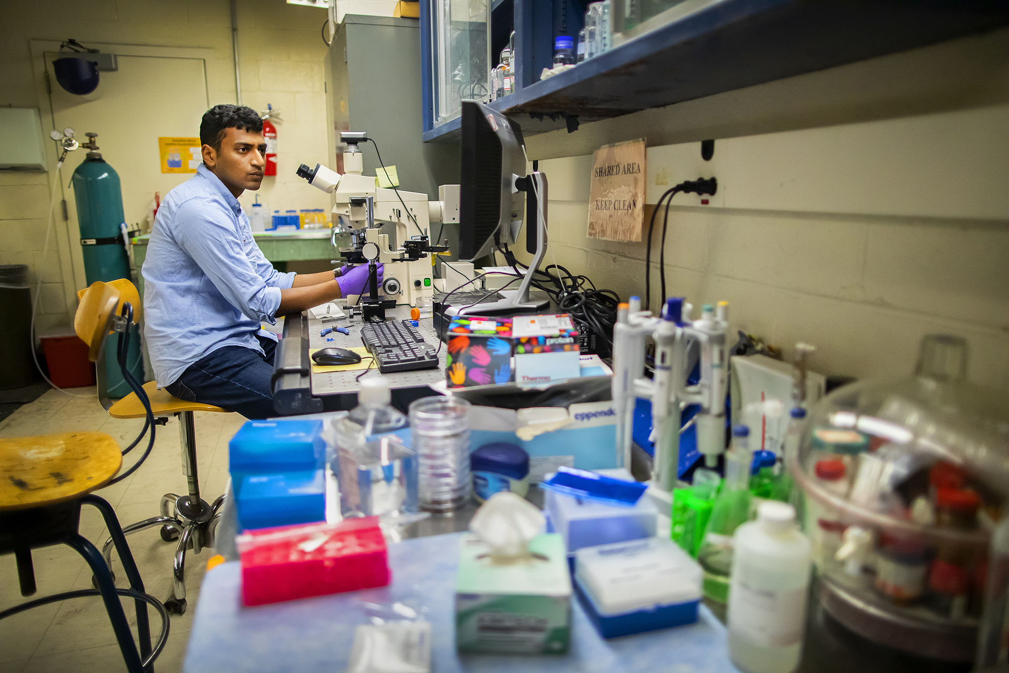 a person sitting at a microscope looking at a computer screen surrounded by pipet boxes, chemicals, and cabinetry