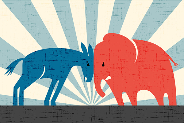 Cartoon Democrat donkey butting heads with a cartoon Republican elephant.