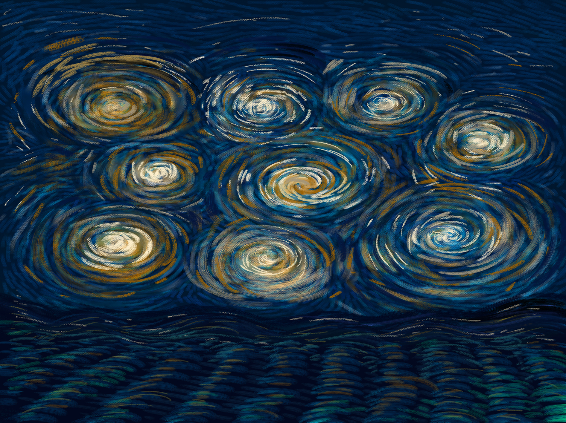 nine spirals of yellow and white over a dark blue impressionist background, with darker lines of waves along the bottom of the image