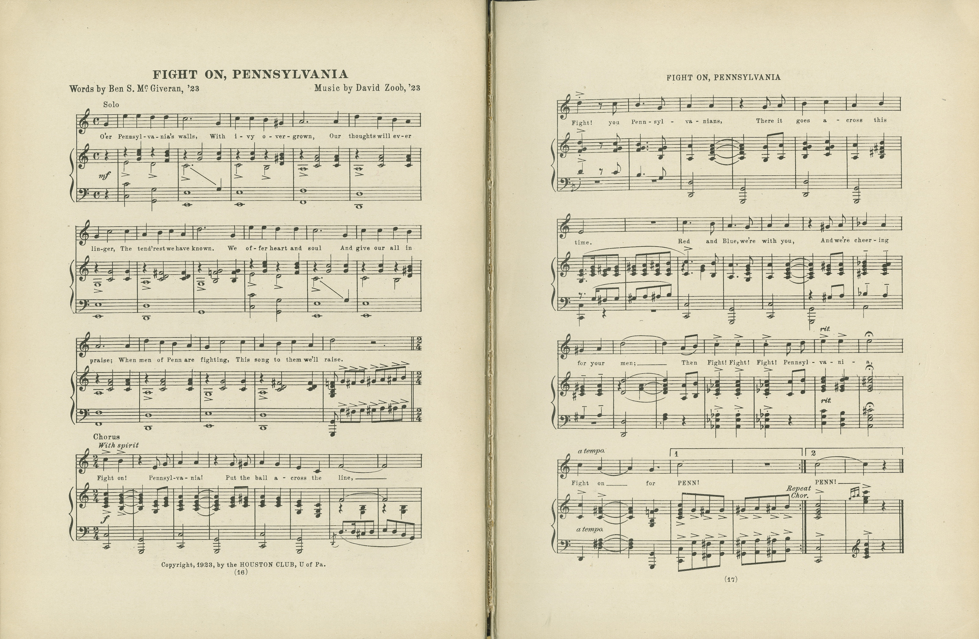Two pages of sheet music for the song Fight On Pennsylvania.