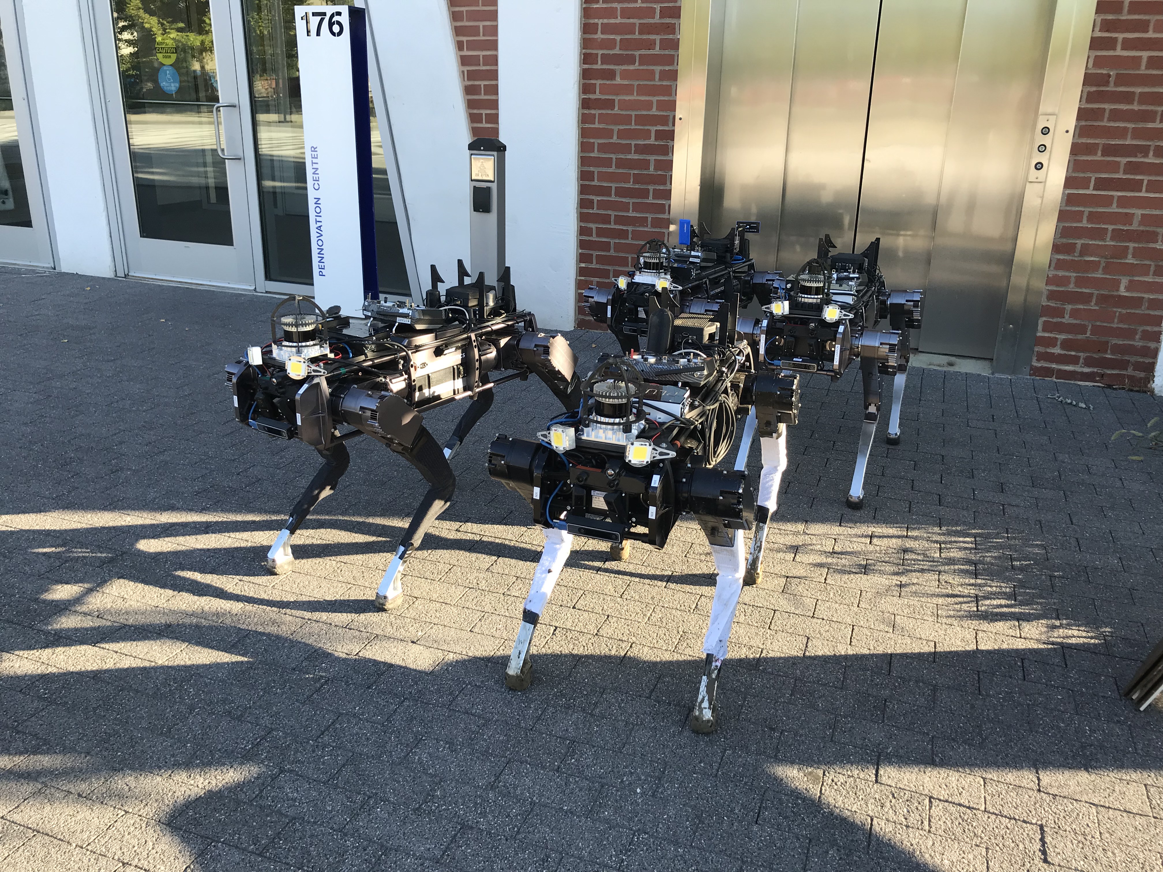 legged robots standing in front of an elevator outside