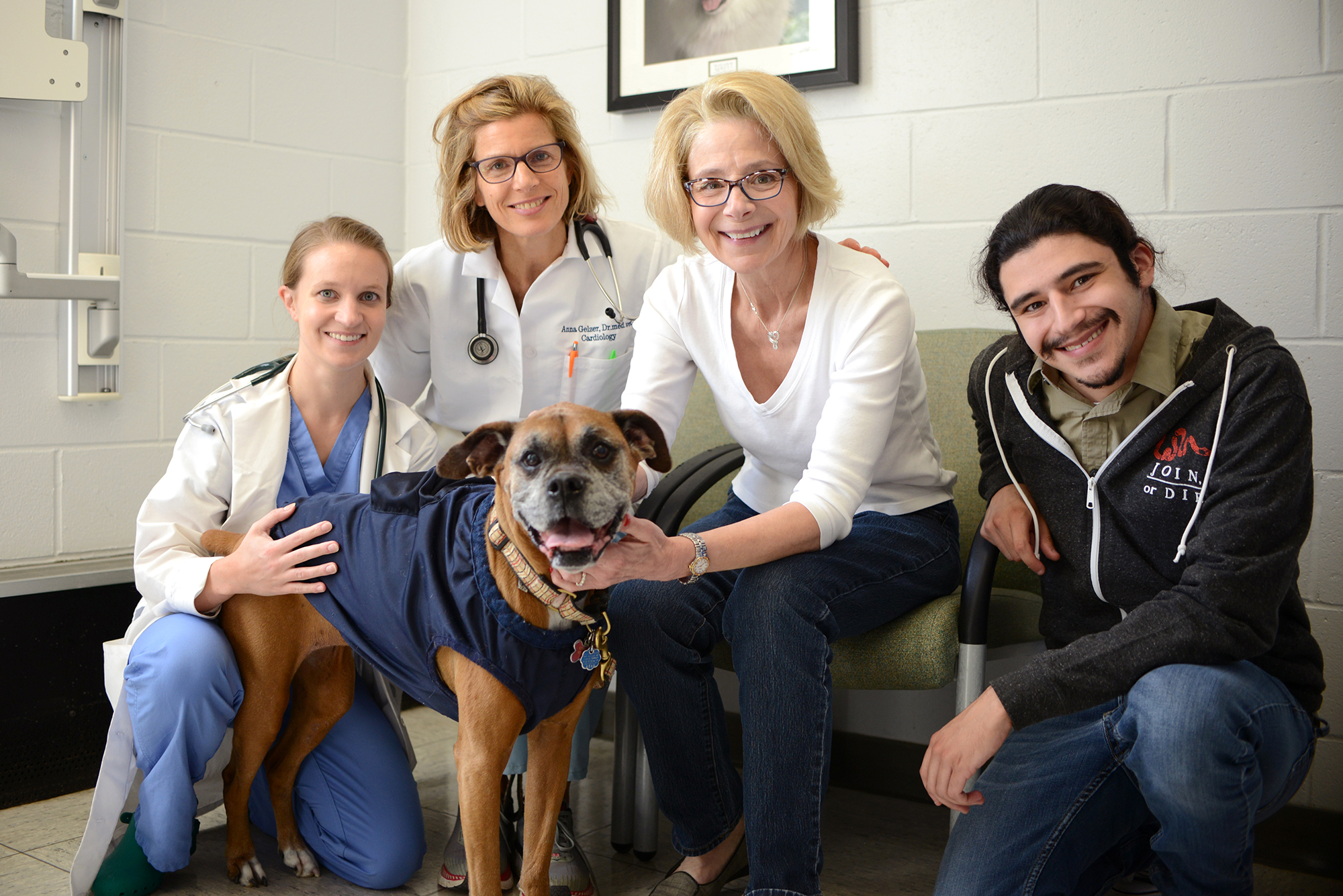 sophie the boxer with her owners and doctor at penn vet