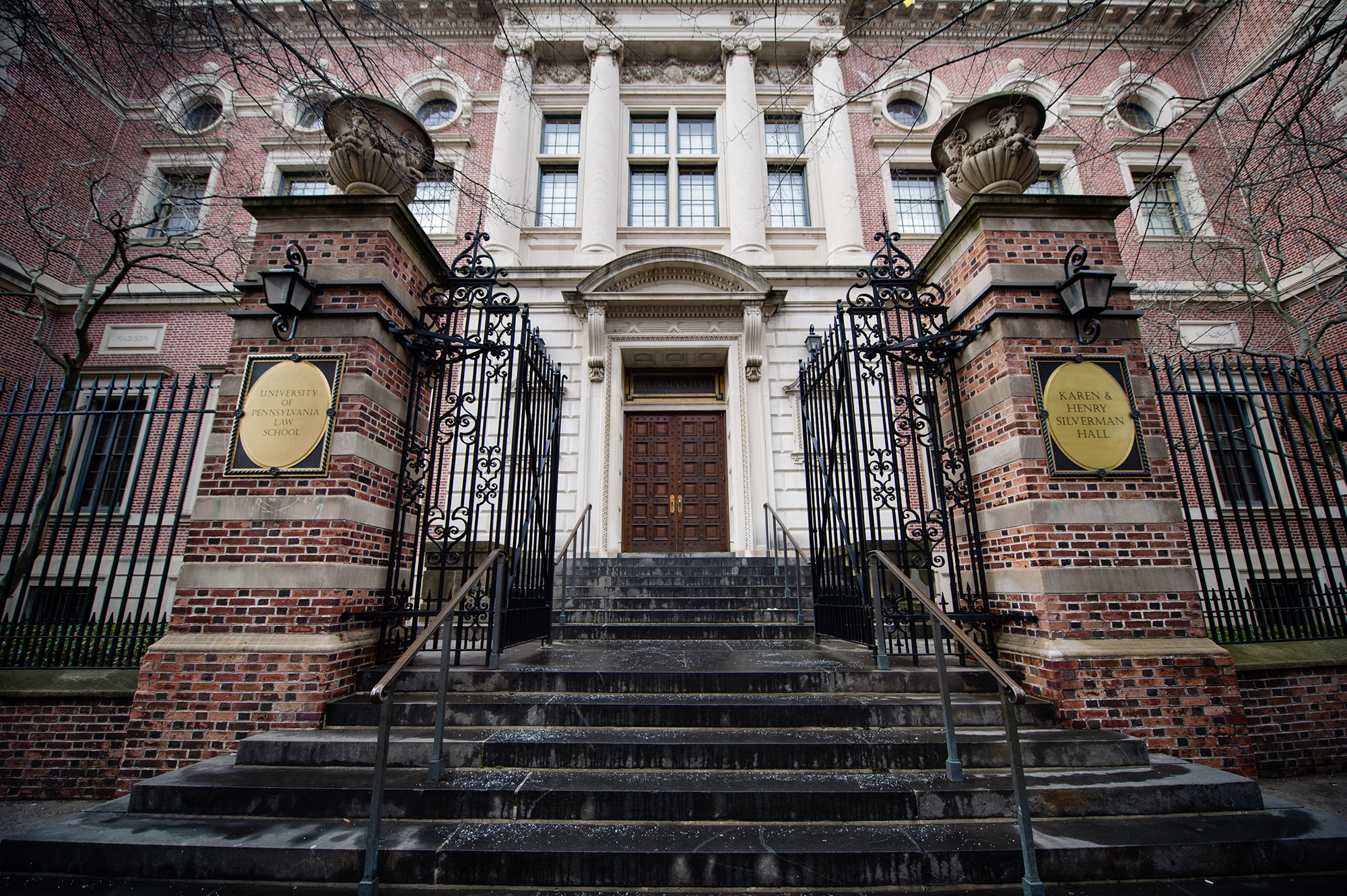Front gates and steps leading to door of Penn Law’s Silverman Hall