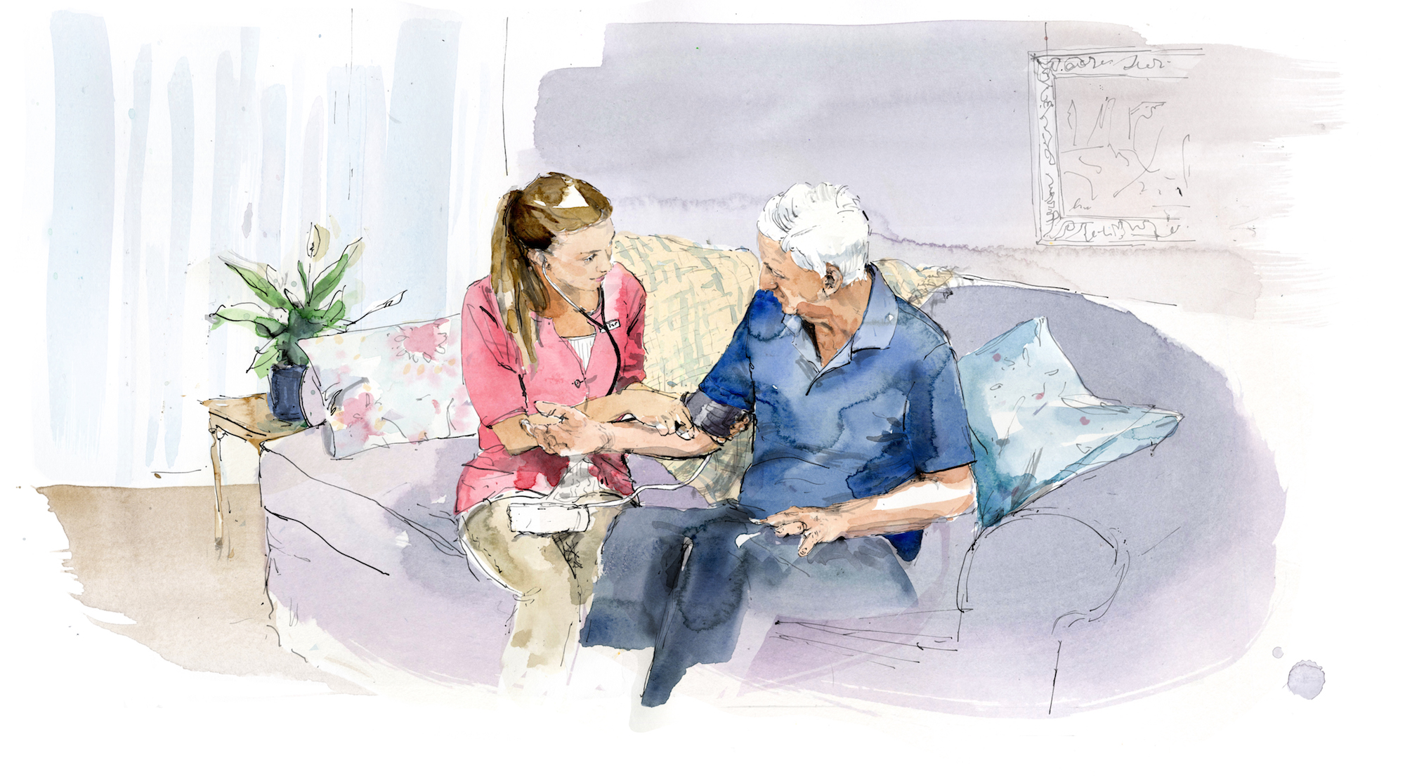 A watercolor of two people sitting on a purple couch, one younger, in a pink blazer and khaki slacks checking the blood pressure of the other person, who is older, wearing blue pants and a blue button-down shirt.