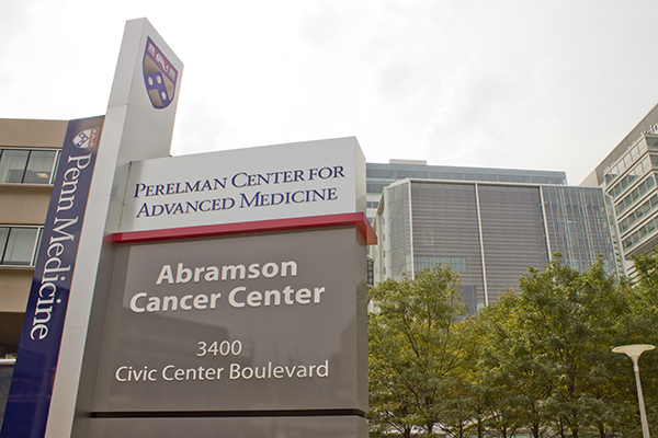 Directional sign for Perelman Center for Advanced Medicine Abramson Cancer Center 3400 Civic Center Blvd.