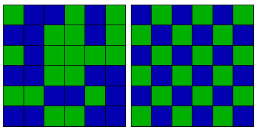 two checkerboard patterns, the one on the left arranged randomly and the one on the right with alternating squares of blue and green