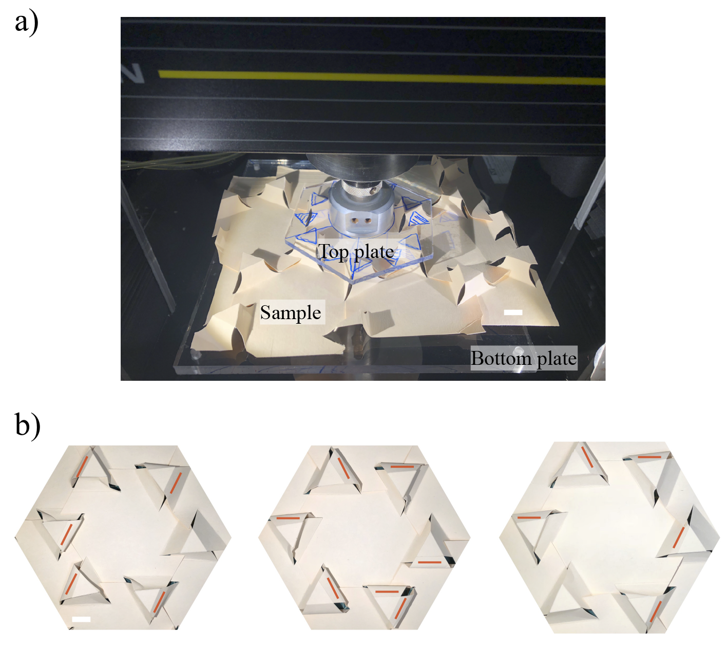 top panel a shows a clear press listed as top plate pressing a manila paper labelled sample against a clear barrier called bottom plate, panel b below shows how the triangular patterns break under pressure