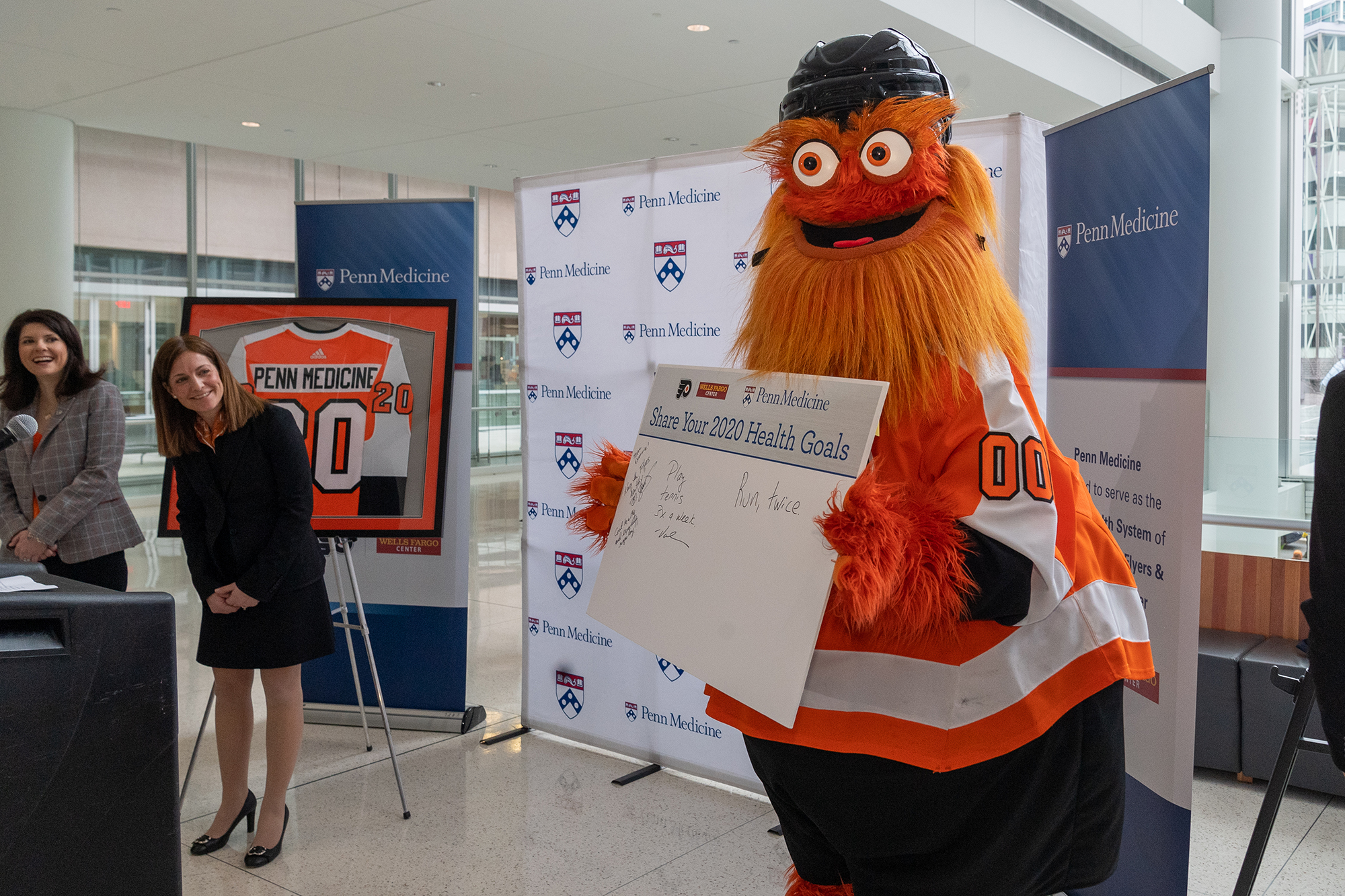 Philly Flyers’s mascot Gritty shares their 2020 health goals at the announcement of the team’s partnership with Penn Medicine.