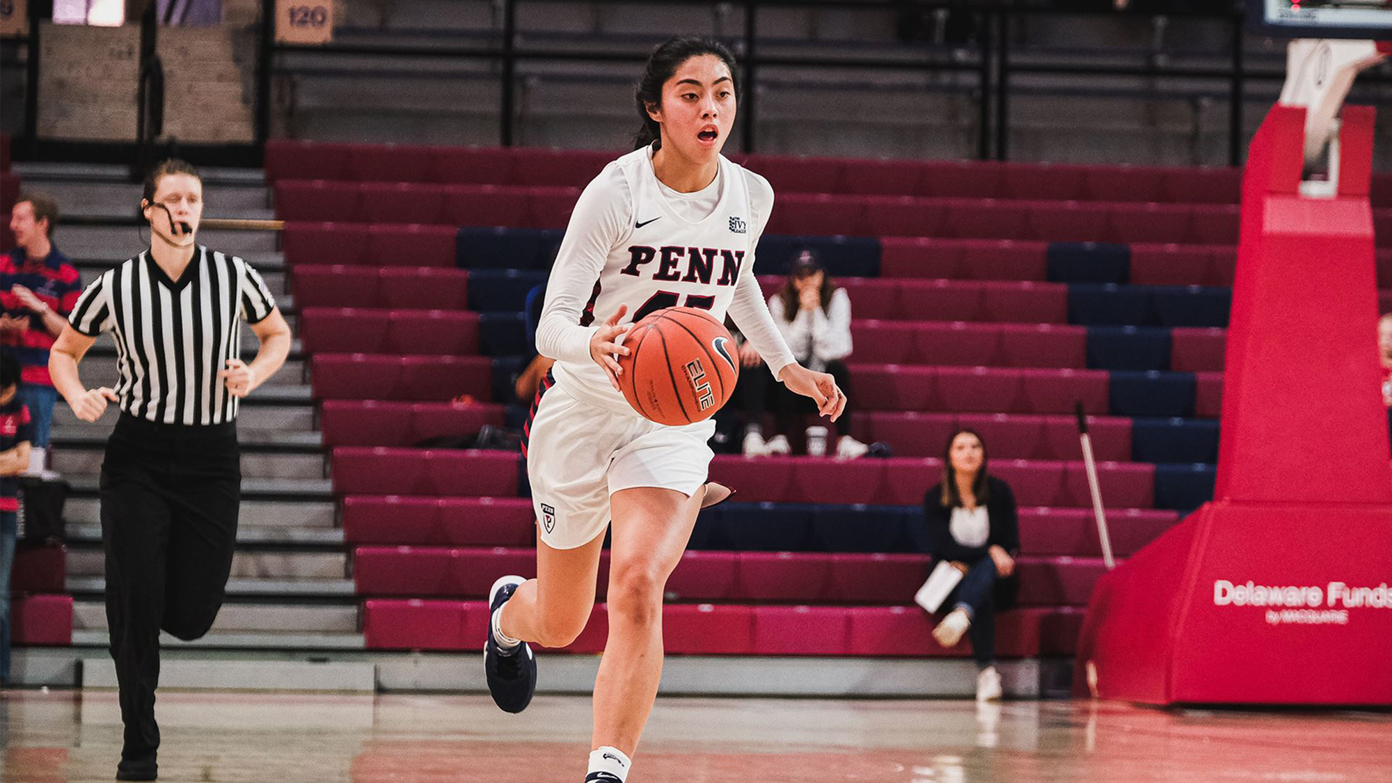 Kayla Padilla of the women's basketball team dribbles up the court at the Palestra.