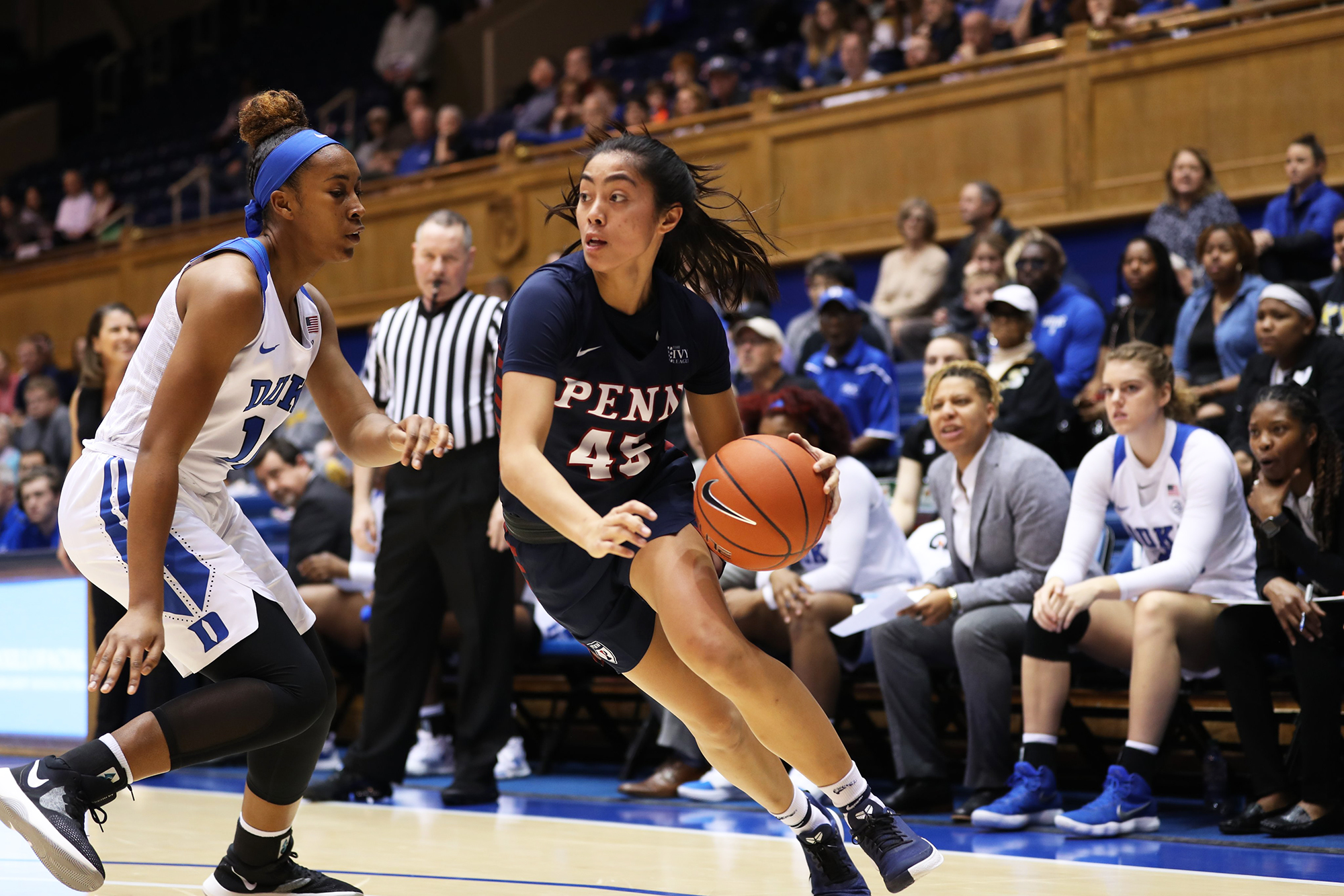 Kayla Padilla drives to the basketball against Duke in Durham, N.C.