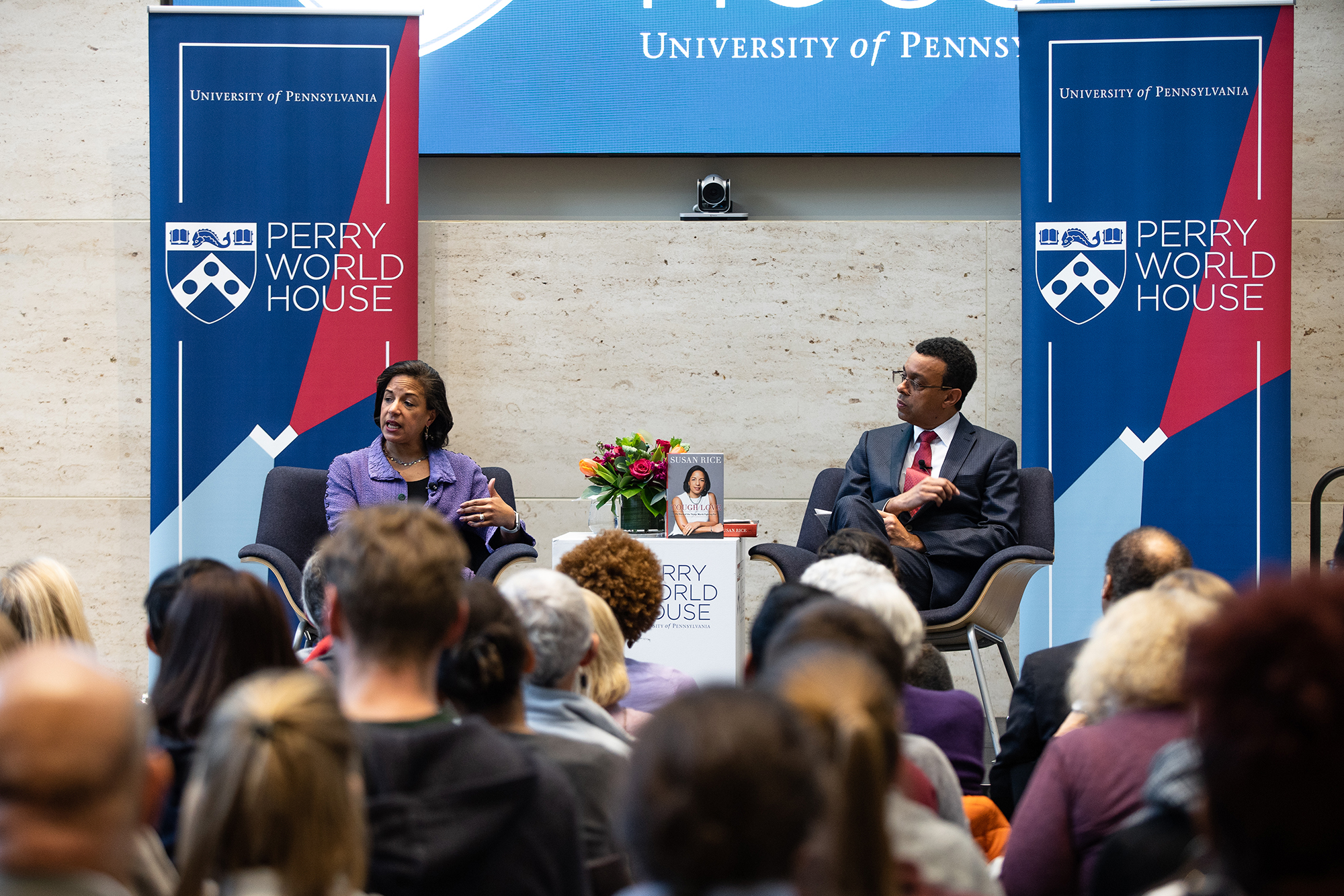 Susan Rice on stage at Perry World House with Provost Wendell Pritchett