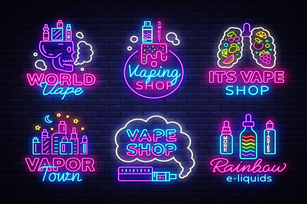 Six neon signs advertising vape shops
