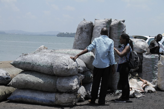 Two people talk next to large bags of charcoal along the side of a lake
