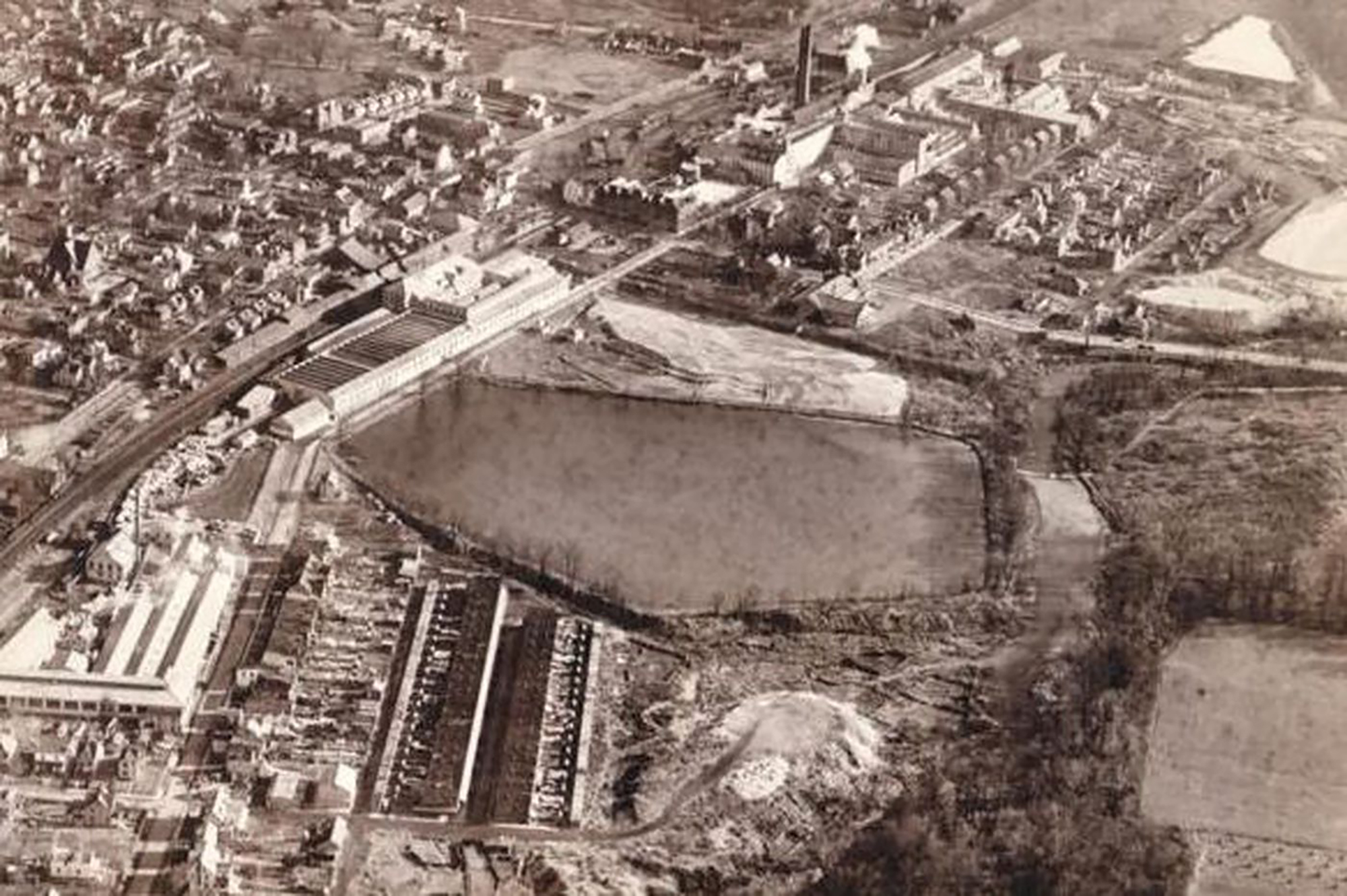 An aerial view of the former asbestos manufacturing site in Ambler, Pennsylvania.