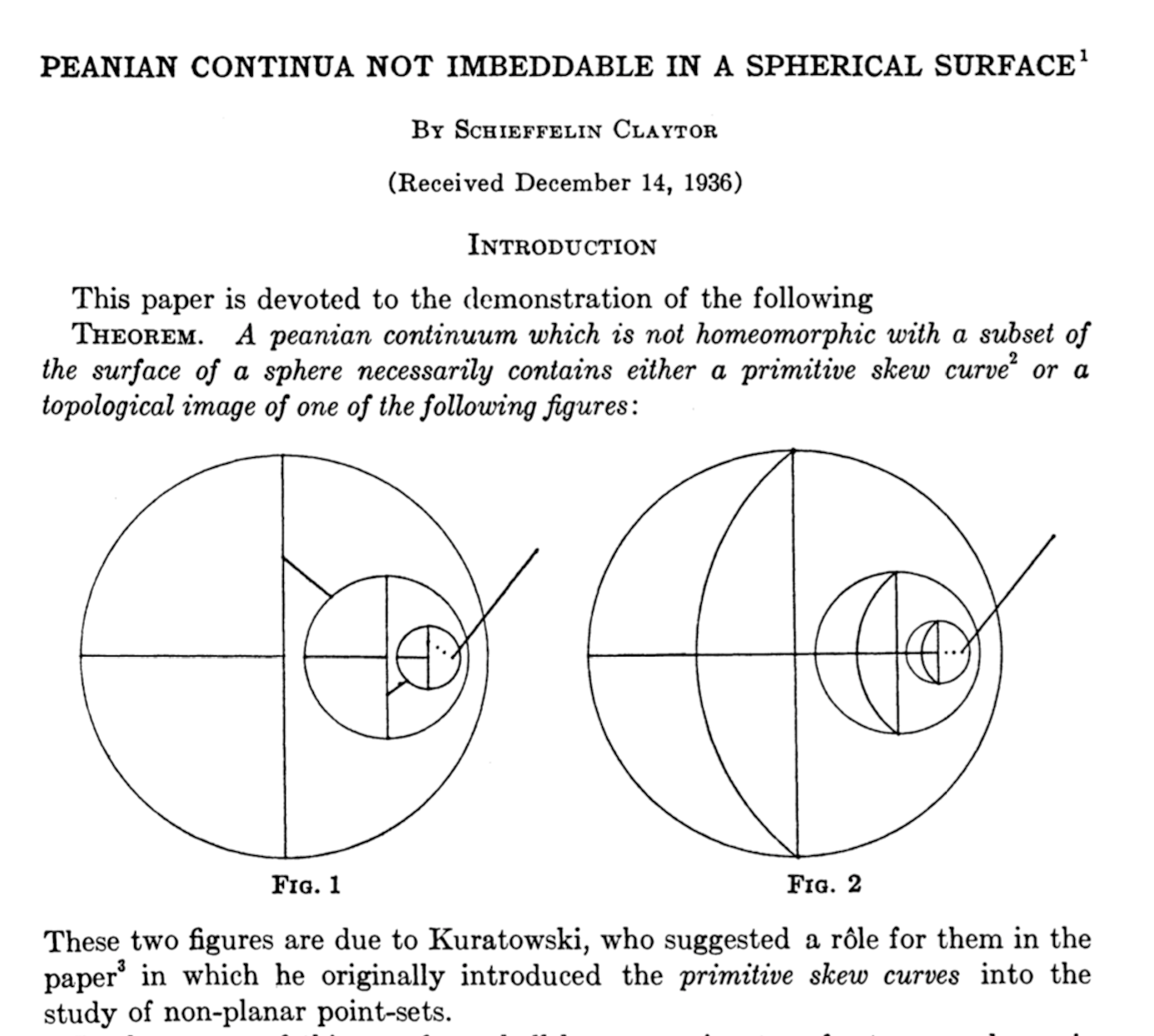 Peanian continua not imbeddable in a spherical surface by schieffelin claytor. this paper is devoted to the demonstration of the following. Theorem: a peanian continuum which is not homeomorphic with a subset of the surface of a sphere necessarily contains either a primitive skew curve or a topological image of one of the following figures, sshowing two circles. these two figures are due to Kuratowski, who suggested a role for them in the paper in which he originally introduced the primitive skew curves