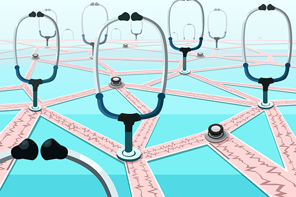 rendering of many stethoscopes along a trail of heart monitoring illustrations