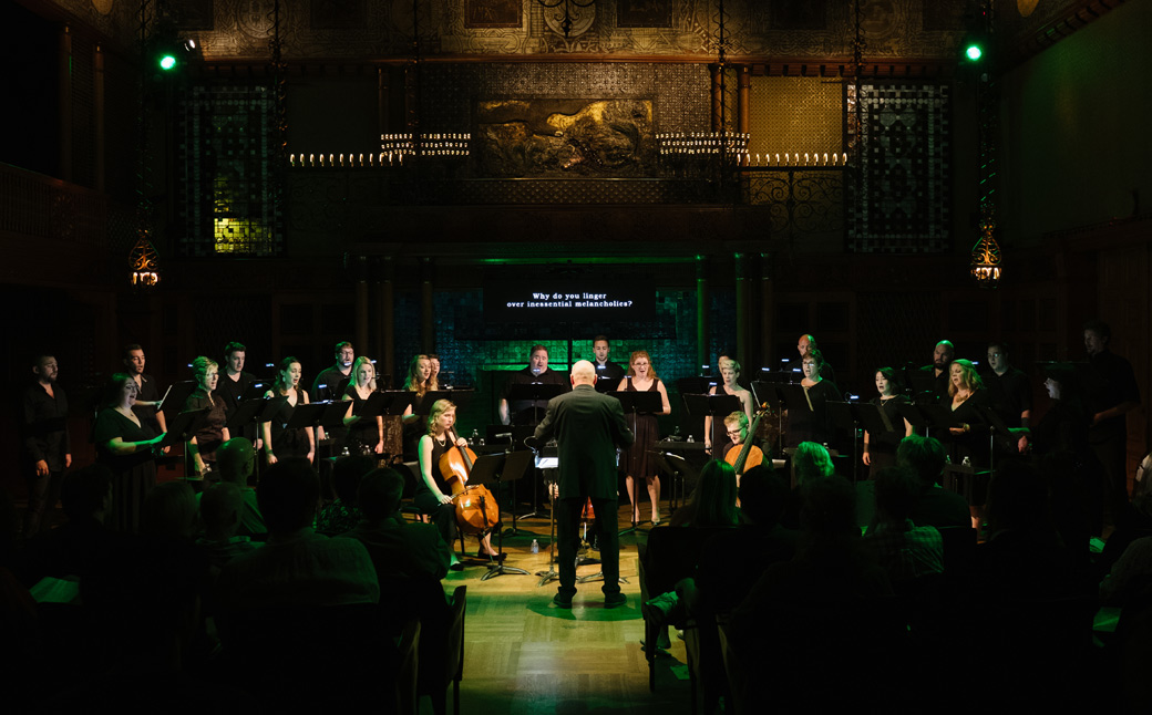 The Crossing choir gathered with composer in center