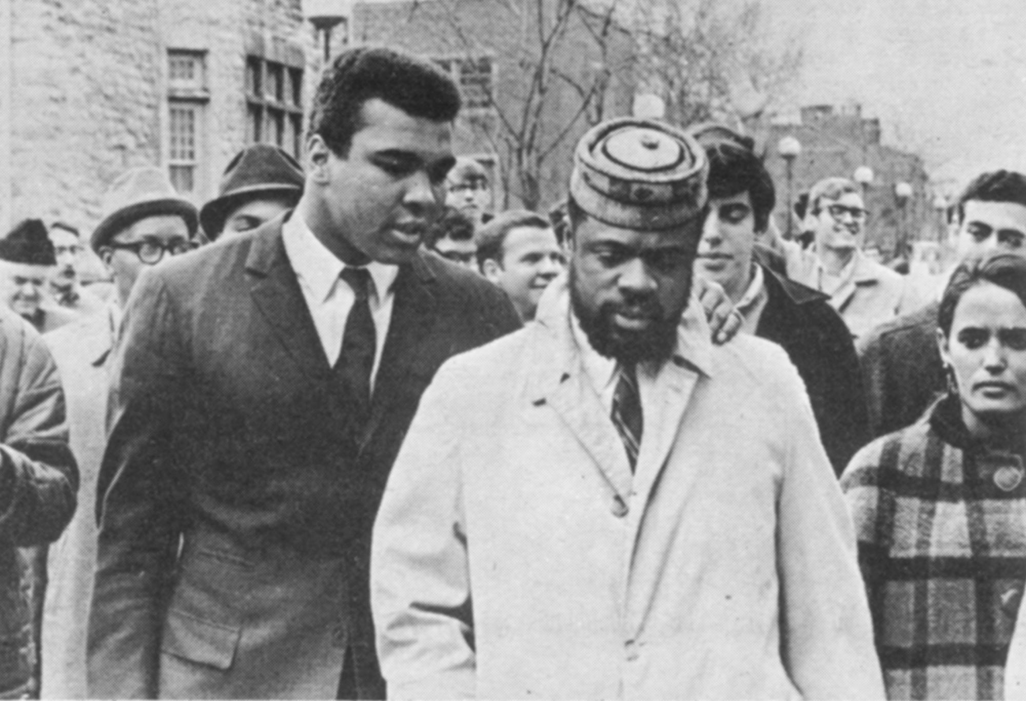 Muhammad Ali and Jeremiah X, minister of the Nation of Islam’s Temple Number 12 in Philadelphia, walk on Penn's campus.