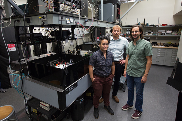 Tzu-Yung Huang, Lee Bassett and David Hopper in the Quantum Engineering Laboratory.