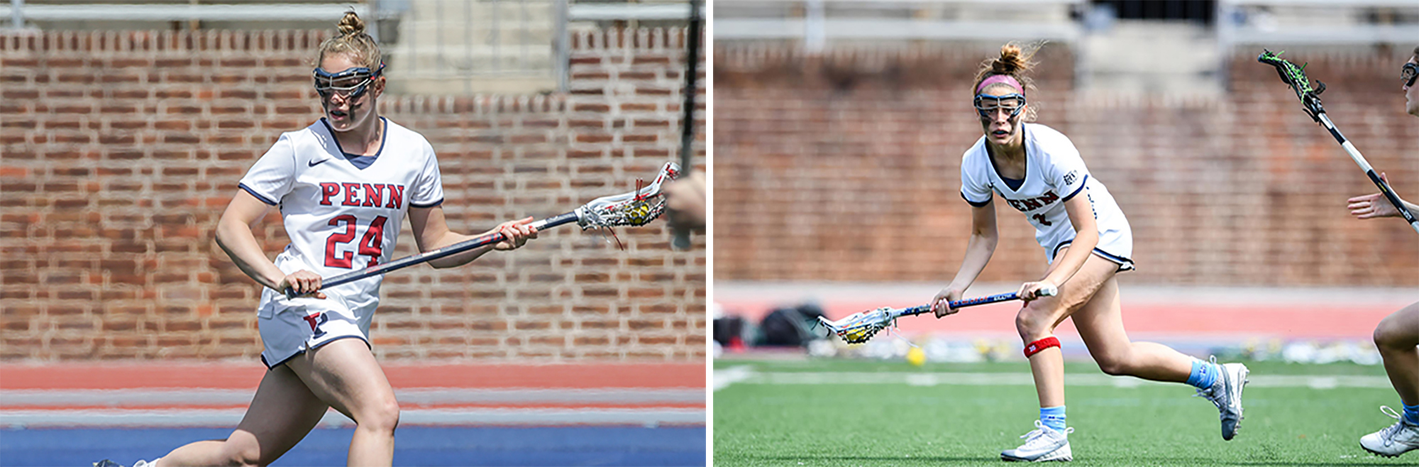 A composite of Gabby Rosenzweig, left, Abby Bosco of Penn women's lacrosse playing during a game.