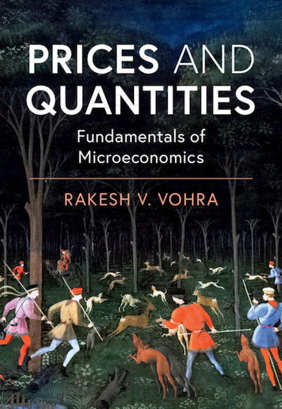 Cover of book called Price and Quantities, Fundamentals of Microeconomics, shows a painting featuring greyhounds hunting foxes