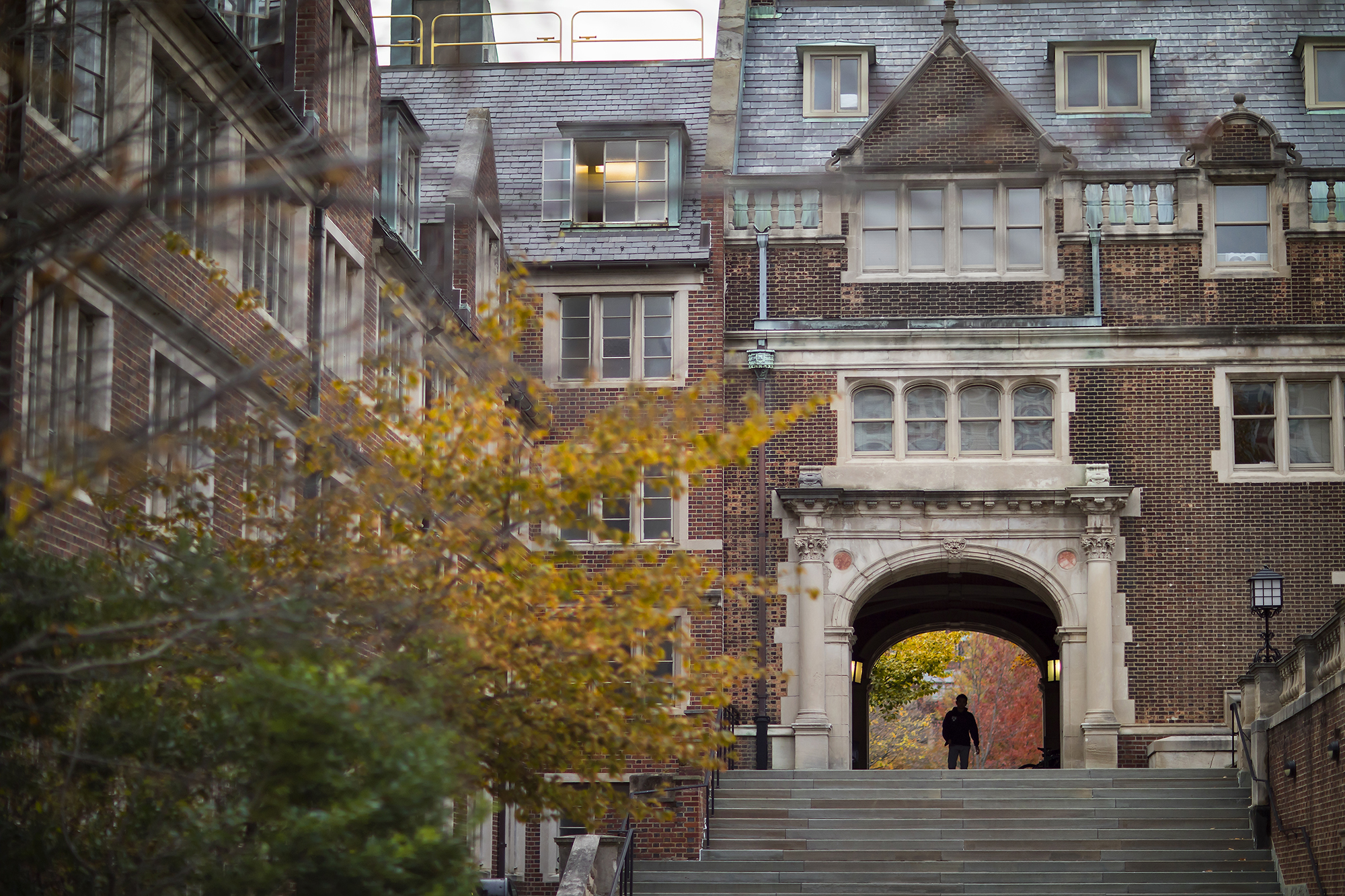 Facade of one of the dorms in the Penn Quadrangle in daylight