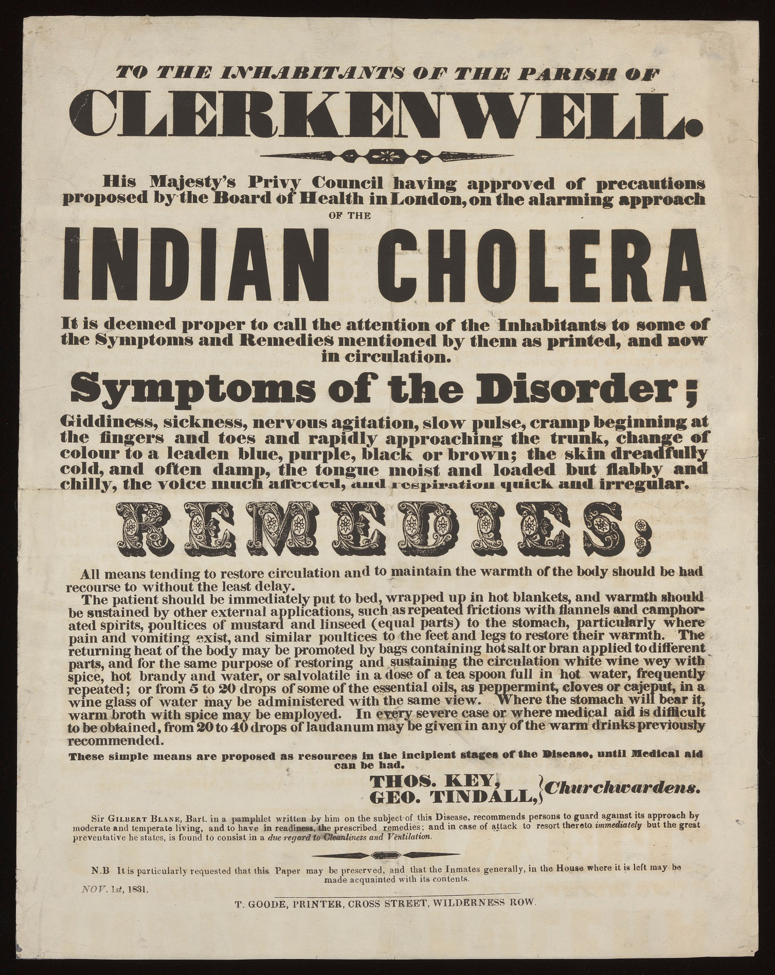 A historic brochure announces an "Indian cholera" outbreak.